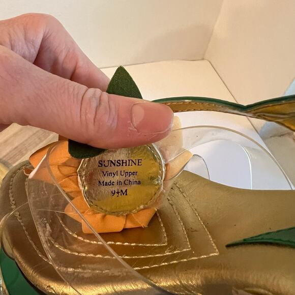 Green Yellow Sunflower Embellished Open Toe Kitten Heel Ankle Strap Size 9.5 - Picture 11 of 13